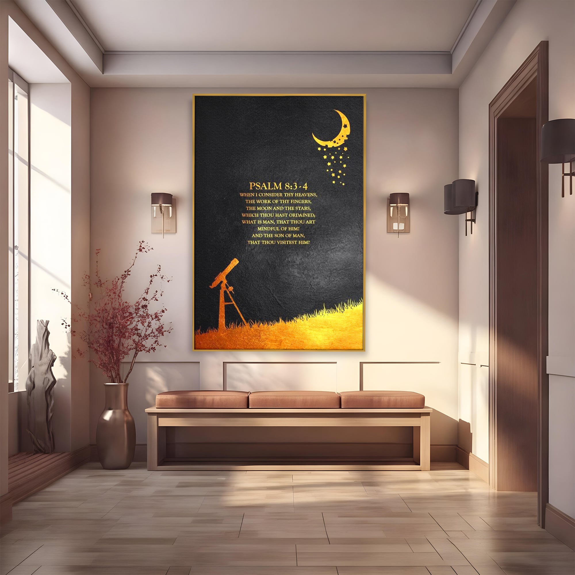 Tablou canvas cu tablou canvas cu citat biblic si telescop, in rama de aluminiu auriu